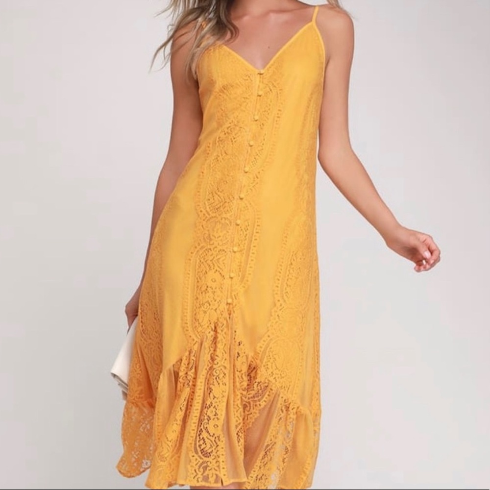 Lulus Robyn Mustard Yellow Lace Button Midi Dress